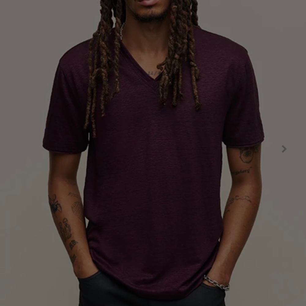 NWT John Varvatos Men's Short Sleeve Astor V Neck Tee Shirt in Plum Wood